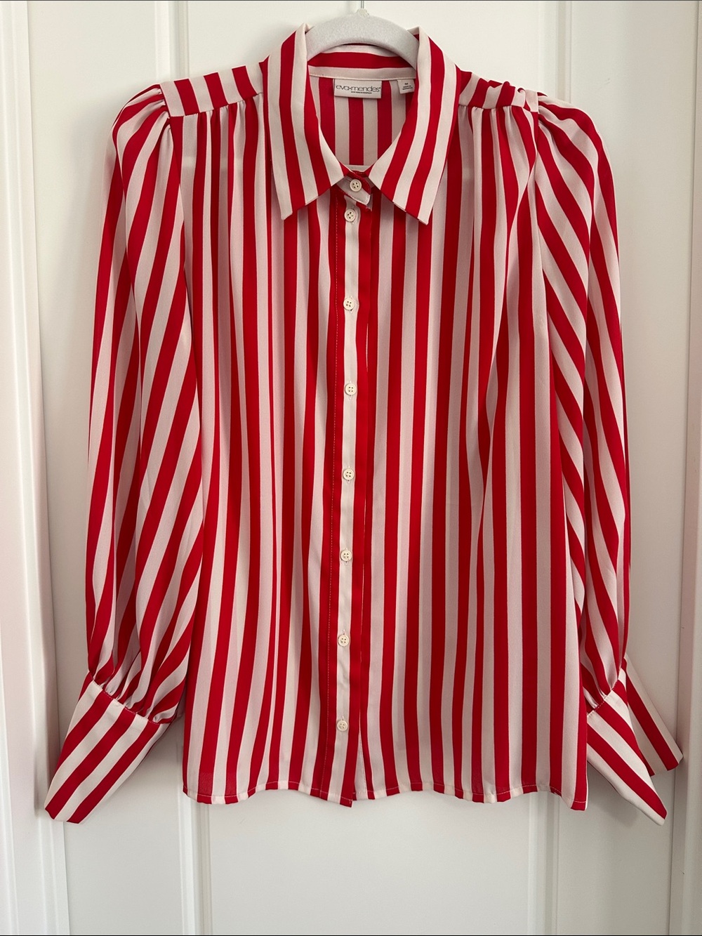 Sandro Red and White Vertical Stripe Button-Down Blouse